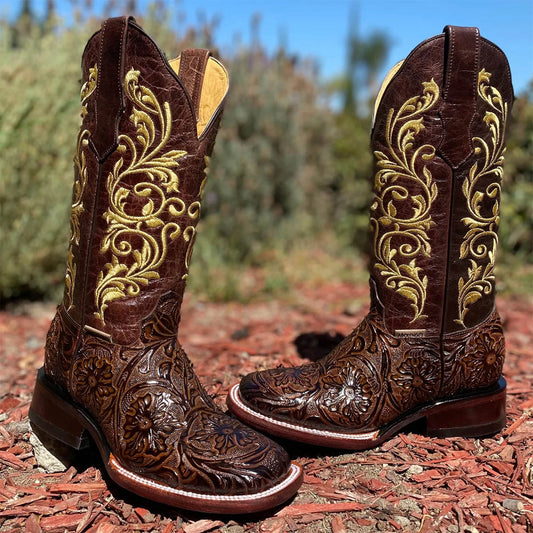 Melissa Hand-Tooled Print Square Toe Cowgirl Boots
